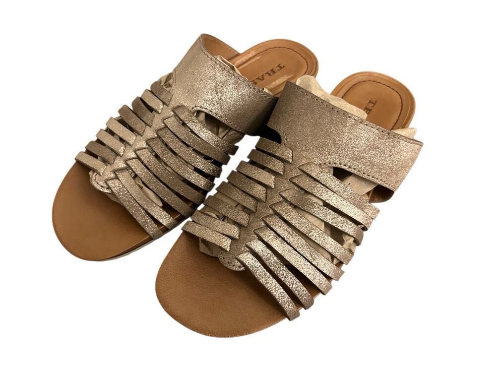 Trask Sandra Sandals sz 7 slip-on metallic gold comfy hand woven strap leather c